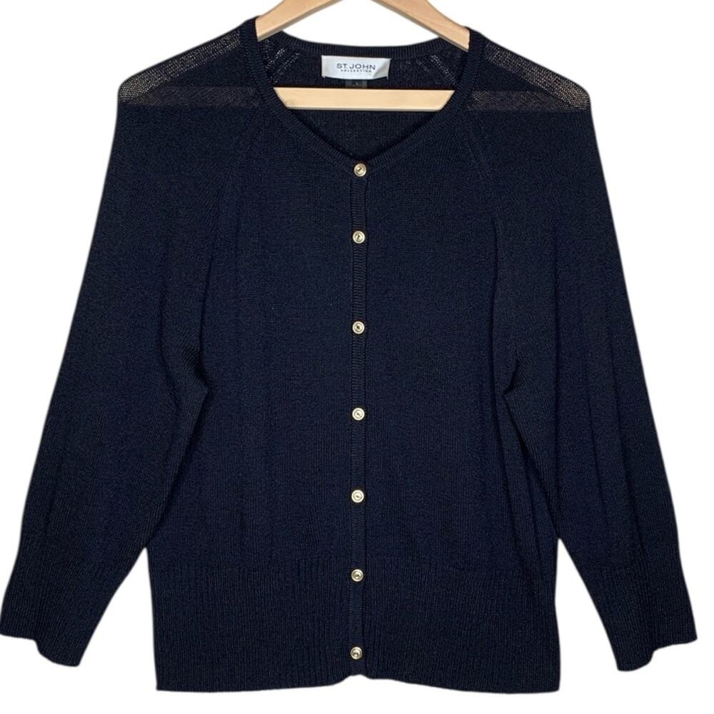 St John Collection Santana Knit Cardigan L Large Black Navy Gold Logo Buttons
